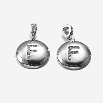 Brass Pendants, with Cubic Zirconia, Cadmium Free & Lead Free, Flat Round with Letter, Platinum, Letter.F, 22mm, Hole: 2x3mm, Pendant: 15x3mm