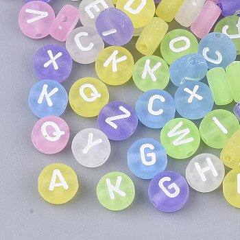 Transparent Frosted Acrylic Beads, Horizontal Hole, Flat Round with Random Initial Letter, Mixed Color, 7x3.5mm, Hole: 1.2mm, about 3650pcs/500g