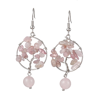 Natural Rose Quartz Dangle Earrings, with Brass Earring Hooks, Tree of Life, 57x23.5mm