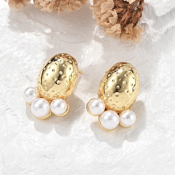 Brass Oval Stud Earrings, with ABS Imitation Pearl, Lead Free & Cadmium Free, Long-Lasting Plated, Rack Plating, Real 18K Gold Plated, 25x18mm