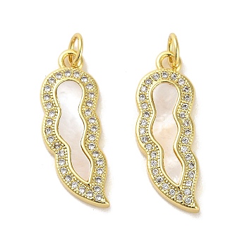 Brass Micro Pave Clear Cubic Zirconia Pendants, with Shell, Real 18K Gold Plated, Pea, 24x9x2.5mm, Hole: 3.5mm