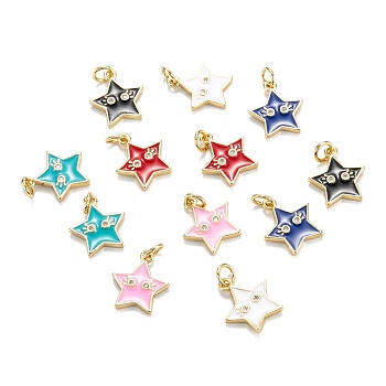 Brass Micro Pave Clear Cubic Zirconia Pendants, with Enamel, Real 18K Gold Plated, Long-Lasting Plated, Star with Eye, Mixed Color, 14x12x2mm, Hole: 3.4mm