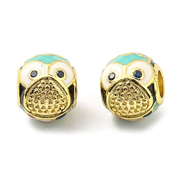 Rack Plating Brass Micro Pave Cubic Zirconia European Beads, with Enamel, Large Hole Beads, Lead Free & Cadmium Free, Owl, Real 18K Gold Plated, 10.5x9.5mm, Hole: 4.2mm