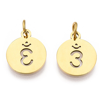 304 Stainless Steel Charms, with Jump Ring, Flat Round with Ohm/Aum Charm, Golden, 14x12x1.1mm, Hole: 3mm
