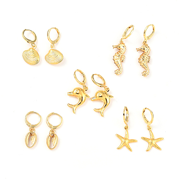 Ocean Theme Brass Huggie Hoop Earring Sets, with 304 Stainless Steel Pendants, Dolphin & Shell Shape & Sea Horse & Starfish, Golden, 27~39.5mm, Pin: 0.7mm, 5pairs/set