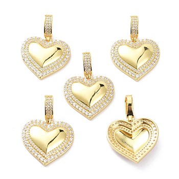 Brass Micro Pave Clear Cubic Zirconia Pendants, Long-Lasting Plated, Heart, Real 18K Gold Plated, 36x25.5x5.5mm, Hole: 9x5mm