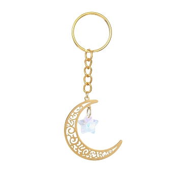 Stainless Steel Hollow Moon Keychains, with Iron Keychain Ring and Star Glass Pendant, Golden, 9.4cm
