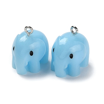Opaque Resin Pendants, Elephant Charms, with Platinum Tone Iron Loops, Light Sky Blue, 20x15x20mm, Hole: 2mm