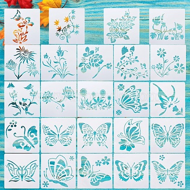 2 ensemble carré avec pochoir de dessin pour animaux de compagnie à motif floral et papillon(DIY-CW0001-12)-2