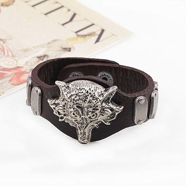 Punk Rock Wolf Alloy Cowhide Cord Studded Bracelets(BJEW-P0001-26B)-2