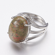 Natural Unakite Wide Band Finger Rings, with Brass Ring Findings, Oval, 18mm(RJEW-K224-A14)