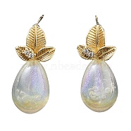 Brass with Glass Stud Earrings, Leaf, Light Gold, 23x10.3mm(EJEW-Q811-01KCG)