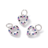 Brass Micro Pave Cubic Zirconia Charms, Heart, Colorful, Platinum, 11x10x2mm, Hole: 4mm(ZIRC-F106-02P)
