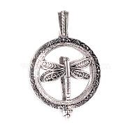 Alloy Diffuser Locket Pendants, with Magnetic, Flat Round with Dragonfly, Antique Silver, 43x35x16mm, Hole: 7x4mm(PALLOY-Q331-35AS)