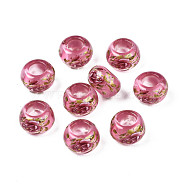 Flower Printed Transparent Acrylic Rondelle Beads, Large Hole Beads, Hot Pink, 15x9mm, Hole: 7mm(TACR-S160-01-E03)