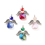 Electroplate Glass Pendants, with Wing Alloy Beads and Iron Findings, Angel, Antique Silver & Platinum, Mixed Color, 22~23x20x6~7mm, Hole: 2mm(PALLOY-JF00504)