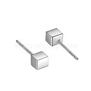 Anti-Tarnish Rhodium Plated Cube 999 Sterling Silver Stud Earrings for Women, with 999 Stamp, Platinum, 4x4mm(EJEW-S215-09P)