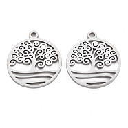 304 Stainless Steel Pendants, Laser Cut, Flat Round with Tree, Stainless Steel Color, 19x16.5x1mm, Hole: 1.6mm(STAS-N095-056)