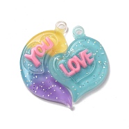 Gradient Color Translucent Resin Pendants, with Glitter Powder, Couple Heart Charm with Word LOVE YOU, Gold, 39x38.5x5.5mm, Hole: 3.5mm, 2pcs/set(RESI-G048-01B)