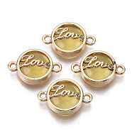 Glass Links connectors, with Light Gold Plated Alloy Findings, for Valentine's Day, Flat Round with Word Love, Goldenrod, 13.5x19.5x5.5mm, Hole: 1.6mm(GLAA-T015-22F)