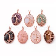 Natural & Synthetic Mixed Gemstone Big Pendants, with Rose Gold Plated Brass Findings, Oval with Tree of Life, 58~60x34~35x13~14mm, Hole: 6mm(G-I278-05)