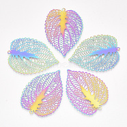 Ion Plating(IP) 201 Stainless Steel Filigree Pendants, Etched Metal Embellishments, Leaf, Rainbow Color, 47x35x0.2mm, Hole: 1.6mm(STAS-S108-36)