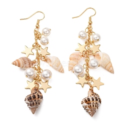 Natural Spiral Shell Dangle Earrings, with Brass Earring Hooks & Shell Pendants & Brass Ball Head Pins & Brass Cable Chains & 304 Stainless Steel Charms, Golden, Seashell Color, 83.5x24mm(EJEW-TA00641)