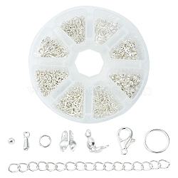 DIY Jewelry Making Finding Kit, Including Brass Bead Tips & Crimp Bead, Iron Chain Extender & Jump Rings, Zinc Alloy Lobster Claw Clasps & Charms, Silver(DIY-FS0004-17)