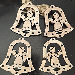 Unfinished Wood Pendant Decorations, with Hemp Rope, for Christmas Ornaments, Christmas Bell, 7.3x6.7x0.25cm, 10pcs/bag(XMAS-PW0001-170-13)