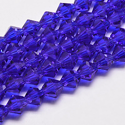 Transparent Glass Beads Strands, Faceted, Bicone, Medium Blue, 6x6mm, Hole: 1mm, about 45~47pcs/strand, 9.65~9.84 inch(24.5~25cm)(EGLA-A039-T6mm-D06)