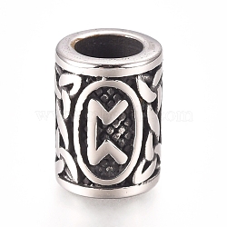 304 Stainless Steel European Beads, Large Hole Beads, Column with Runes/Futhark/Futhor, Antique Silver, 13.5x10mm, Hole: 6mm(OPDL-G010-07AS-03B)