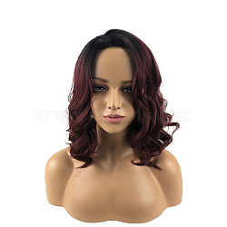 (Holiday Stock-Up Sale)Fashion Ombre Ladies Wigs, Short Curly Wig, Heat Resistant High Temperature Fiber, Dark Red, 19.7 inch(50cm)(OHAR-L010-035)