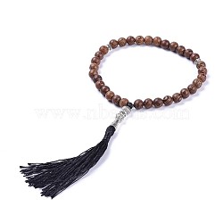 Religion Allah Bracelets, with Wood Beads, Polyester Tassel Decorations and Alloy Findings, Burlap Packing Pouches, Coconut Brown, 10-1/4 inch(26cm) long(78mm inner diameter)(BJEW-JB04304)