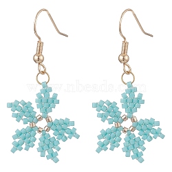 Glass Seed Braided Snowflake Dangle Earrings, Golden 304 Stainless Steel Wire Wrap Christmas Earrings for Women, Pale Turquoise, 42mm, Pin: 0.7mm(EJEW-MZ00069-02)
