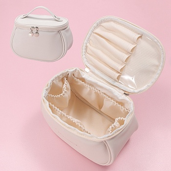 Portable PU Leather Waterpoof Large Makeup Storage Bag, Multi-functional Wash Bag, with Pull Chain, Beige, 14x21x14cm