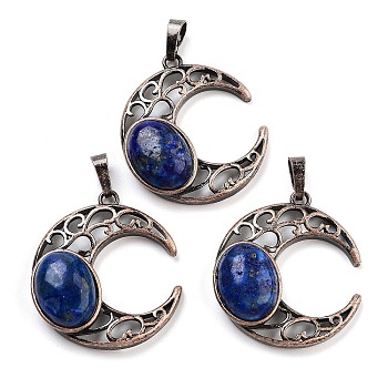Dyed Natural Lapis Lazuli Pendants, with Red Copper Plated Brass Findings, Moon, 34x30x9~9.5mm, Hole: 5x8mm