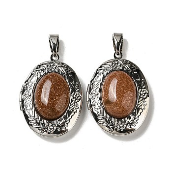 Synthetic Goldstone Locket Pendants, Platinum Plated Alloy Oval Charms, 33.5x23.5x8~9mm, Hole: 8x4mm