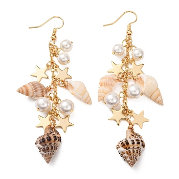 Natural Spiral Shell Dangle Earrings, with Brass Earring Hooks & Shell Pendants & Brass Ball Head Pins & Brass Cable Chains & 304 Stainless Steel Charms, Golden, Seashell Color, 83.5x24mm