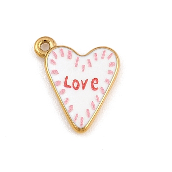Printed 304 Stainless Steel Pendants, Ion Plating(IP), Heart with Word Love Charms, Pink, Golden, 18x17x3mm, Hole: 1.7mm