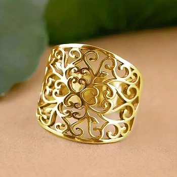Brass Finger Rings for Women, Flower Pattern, Golden, US Size 9(18.9mm)