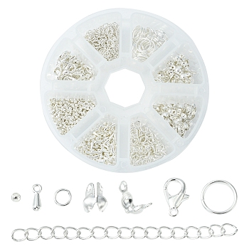 DIY Jewelry Making Finding Kit, Including Brass Bead Tips & Crimp Bead, Iron Chain Extender & Jump Rings, Zinc Alloy Lobster Claw Clasps & Charms, Silver