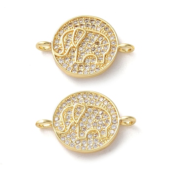 Rack Plating Brass Micro Pave Clear Cubic Zirconia Elephant Connector Charms, Lead Free & Cadmium Free, Real 18K Gold Plated, 20x13.5x3.5mm, Hole: 1.7mm