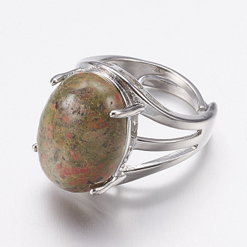 Natural Unakite Wide Band Finger Rings, with Brass Ring Findings, Oval, 18mm