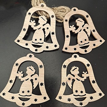 Unfinished Wood Pendant Decorations, with Hemp Rope, for Christmas Ornaments, Christmas Bell, 7.3x6.7x0.25cm, 10pcs/bag