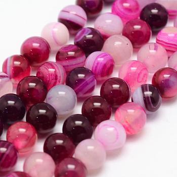 Natural Striped Agate/Banded Agate Bead Strands, Round, Grade A, Dyed & Heated, Deep Pink, 4mm, Hole: 1mm, about 95pcs/strand, 14.5 inch