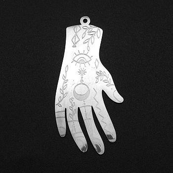 Tarnish Resistant 201 Stainless Steel Pendants, Laser Cut, Hand, Stainless Steel Color, 49x24x1mm, Hole: 1.4mm