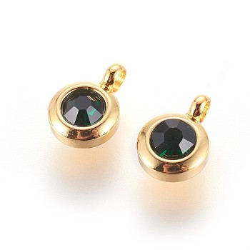 304 Stainless Steel Rhinestone Charms, Flat Round, Emerald, 9.3x6.5x4mm, Hole: 2mm