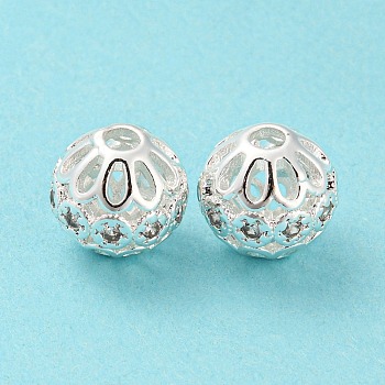 Brass Micro Pave Cubic Zirconia Beads, Long-Lasting Plated, Lead Free & Cadmium Free, Hollow Round, Silver, 10x9.5mm, Hole: 2.3mm