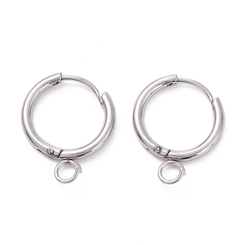 201 Stainless Steel Huggie Hoop Earring Findings, with Horizontal Loop and 316 Surgical Stainless Steel Pin, Stainless Steel Color, 17x14.5x1.8mm, Hole: 2.5mm, Pin: 1mm