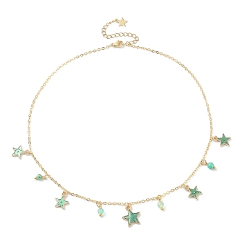 Natural Agate Round & Alloy Enamel Star Charms Bib Necklace with 304 Stainless Steel Chains, Pale Green, 15.94 inch(40.5cm)